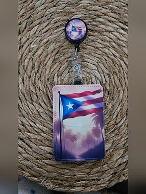 Puerto Rico Flag ID Badge Holder - Pink Purple Gradient